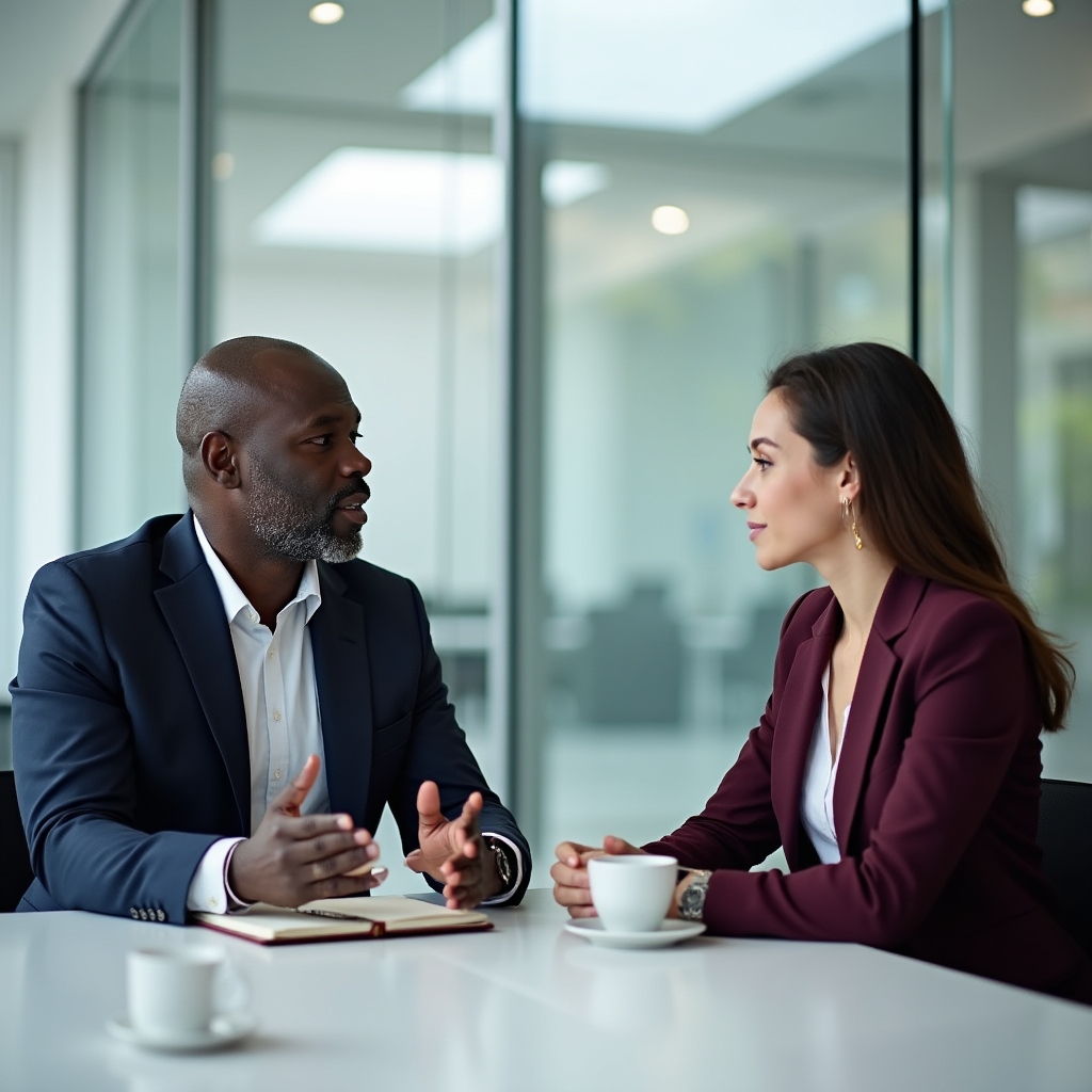 Two professionals in conversation, one clearly more senior, seated across from each other in a bright modern office, engaged and attentive