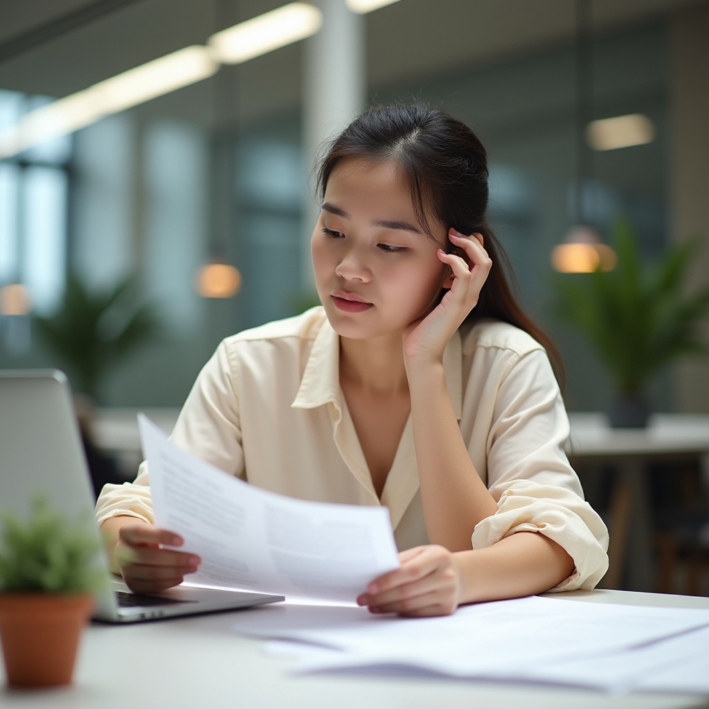 Young professional in early career stage working thoughtfully at a modern desk, reviewing documents with focused expression