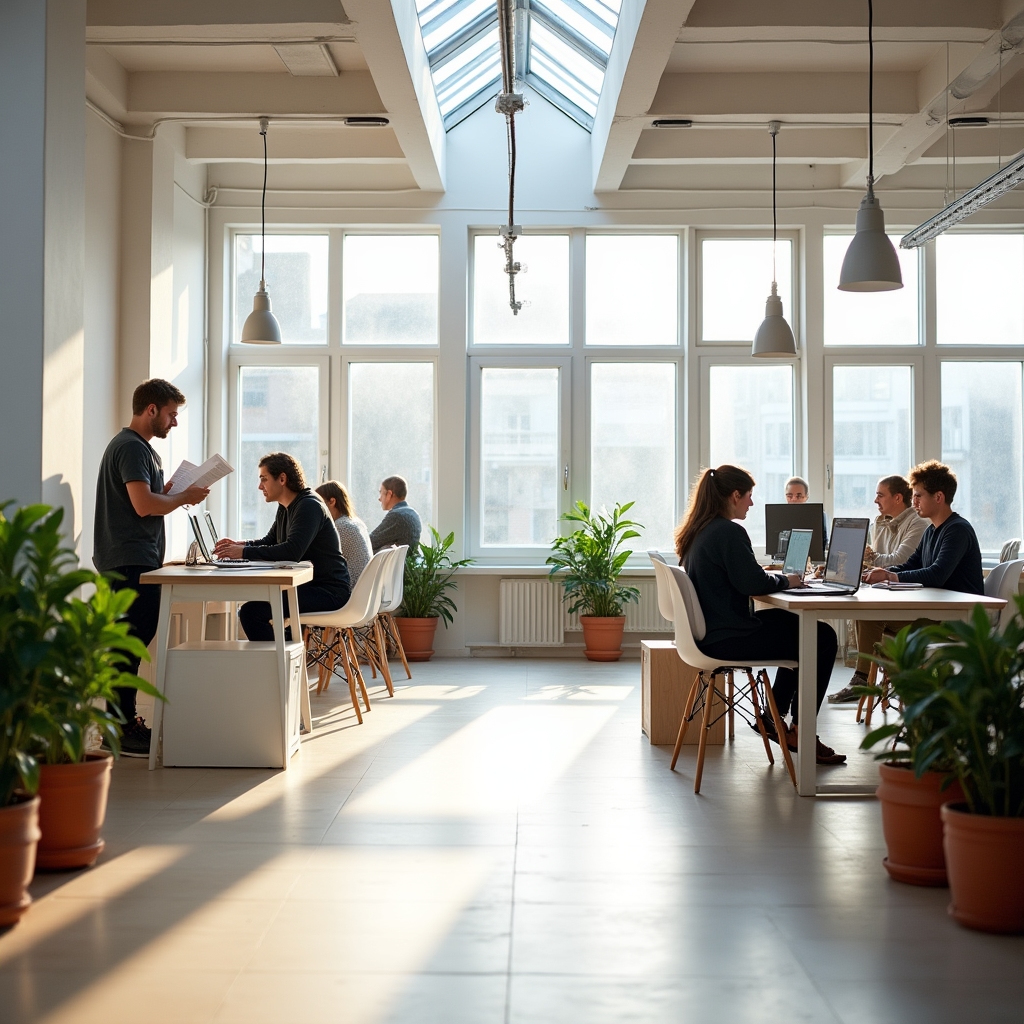 Modern collaborative workspace with natural light, open plan design and professionals engaged in focused work