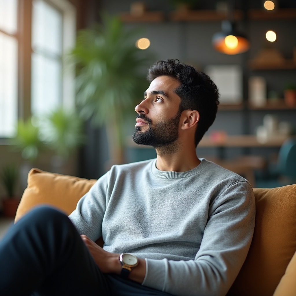Mid-twenties professional in thoughtful reflection, sitting in a modern coworking space, looking slightly upward with a contemplative expression, warm natural lighting