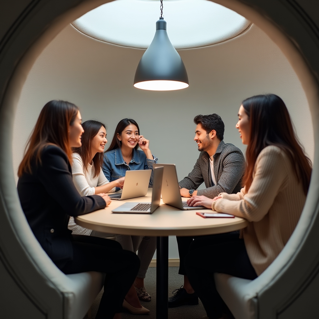 Small group of diverse young professionals engaged in animated discussion during an online session, laptop screens visible, collaborative atmosphere